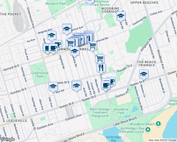 map of restaurants, bars, coffee shops, grocery stores, and more near 243 Craven Road in Toronto