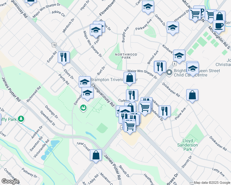 map of restaurants, bars, coffee shops, grocery stores, and more near 3 Cox Crescent in Brampton