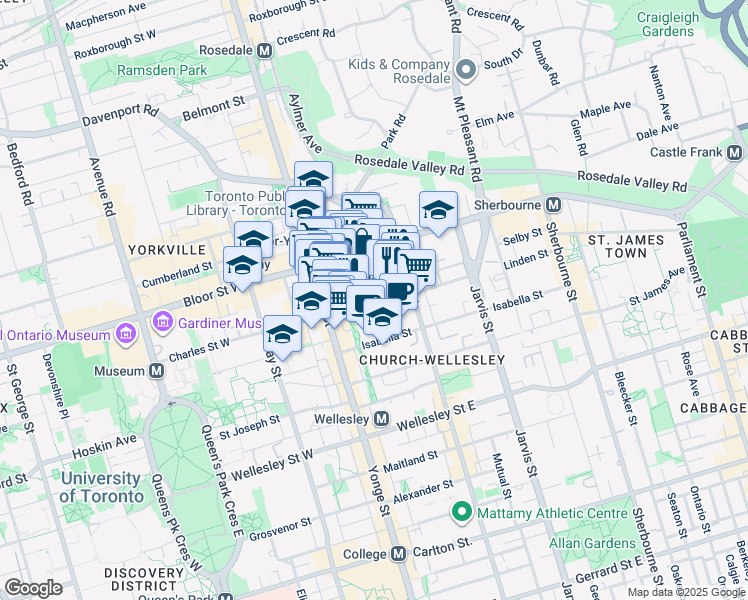 map of restaurants, bars, coffee shops, grocery stores, and more near 42 Charles Street East in Toronto