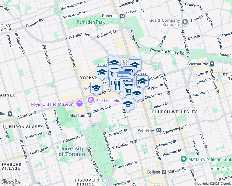 map of restaurants, bars, coffee shops, grocery stores, and more near 77 Bloor Street West in Toronto