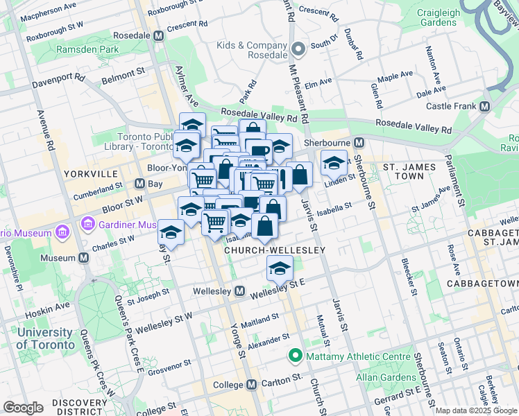 map of restaurants, bars, coffee shops, grocery stores, and more near 620 Church Street in Toronto
