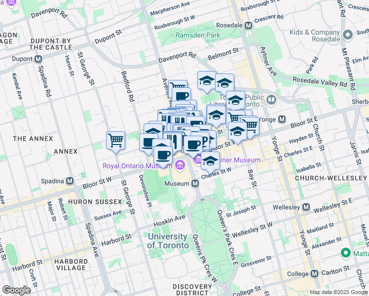 map of restaurants, bars, coffee shops, grocery stores, and more near 6 Avenue Road in Toronto