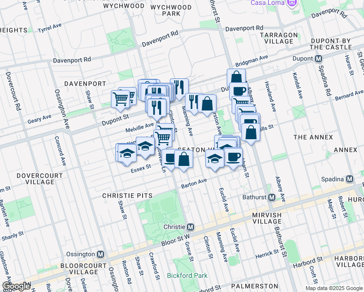 map of restaurants, bars, coffee shops, grocery stores, and more near 535 Clinton Street in Toronto
