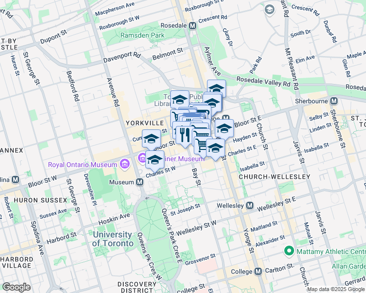 map of restaurants, bars, coffee shops, grocery stores, and more near 55 Bloor Street West in Toronto