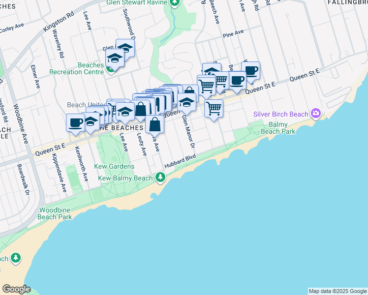 map of restaurants, bars, coffee shops, grocery stores, and more near 27 Scarboro Beach Boulevard in Toronto