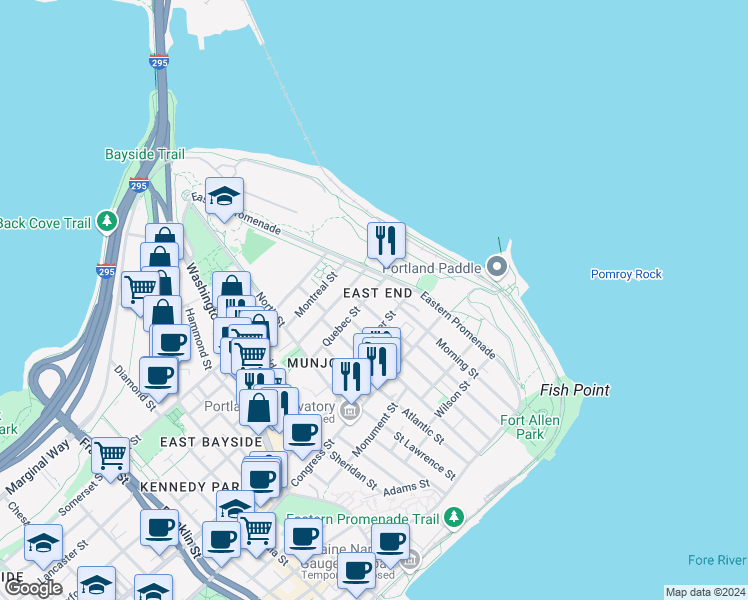 map of restaurants, bars, coffee shops, grocery stores, and more near 18 Quebec Street in Portland