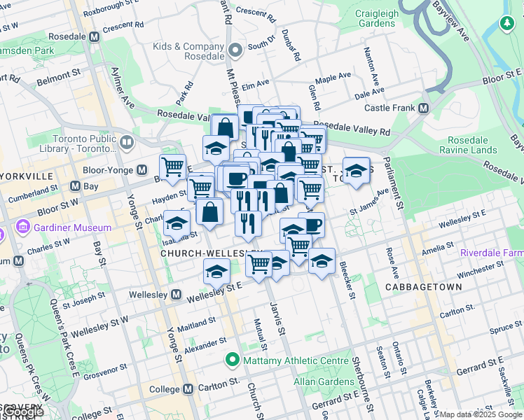 map of restaurants, bars, coffee shops, grocery stores, and more near 120 Isabella Street in Toronto