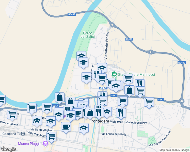 map of restaurants, bars, coffee shops, grocery stores, and more near 31 Via Milano in Pontedera