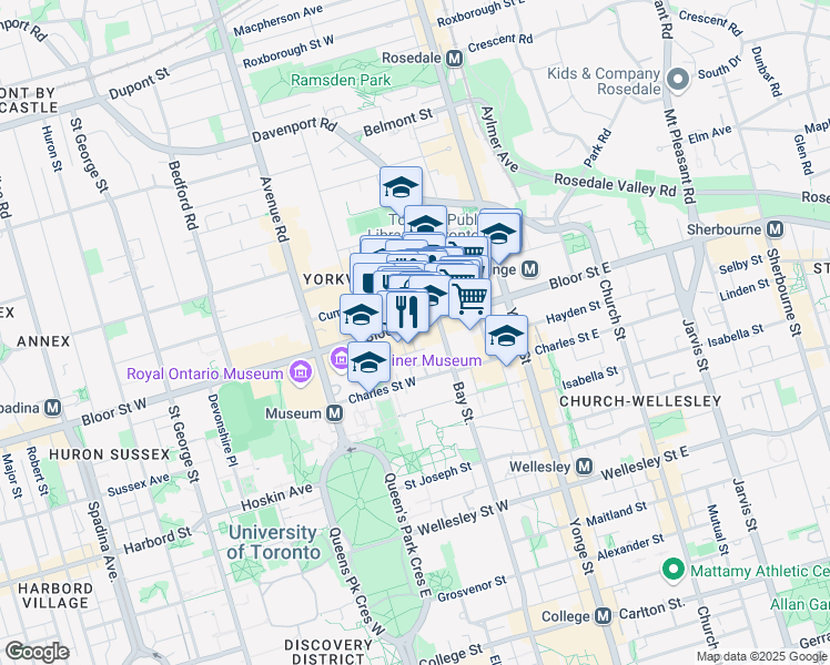 map of restaurants, bars, coffee shops, grocery stores, and more near 85 Bloor Street West in Toronto
