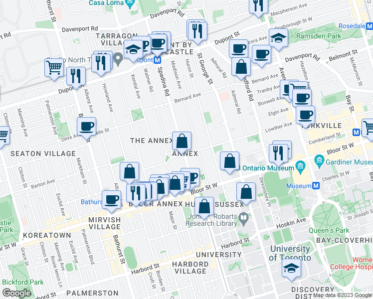 map of restaurants, bars, coffee shops, grocery stores, and more near 51 Spadina Road in Toronto