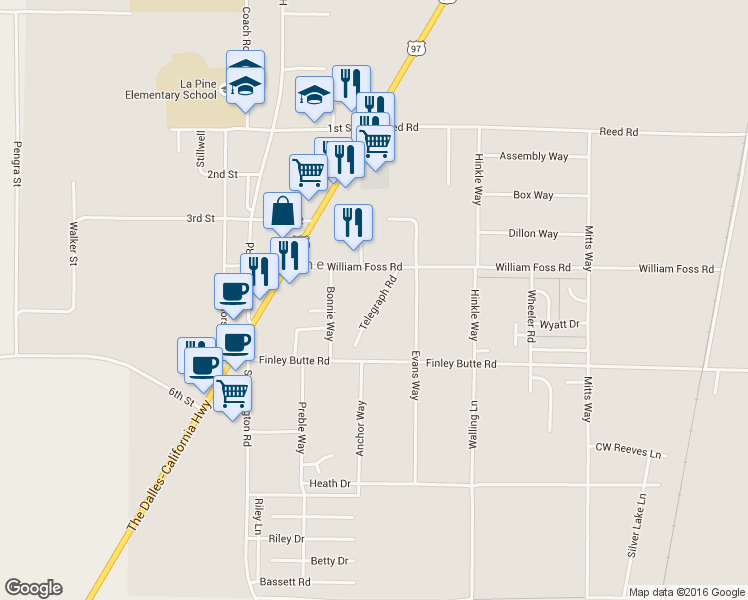 map of restaurants, bars, coffee shops, grocery stores, and more near 51457 Telegraph Road in La Pine