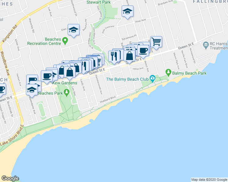 map of restaurants, bars, coffee shops, grocery stores, and more near 28 Glen Manor Drive in Toronto