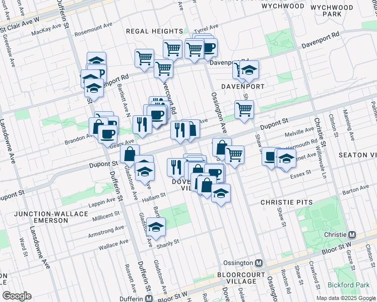 map of restaurants, bars, coffee shops, grocery stores, and more near 1085 Dovercourt Road in Toronto