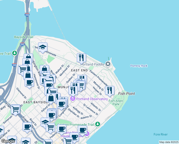 map of restaurants, bars, coffee shops, grocery stores, and more near 216 Eastern Promenade in Portland