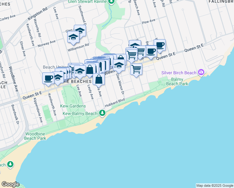 map of restaurants, bars, coffee shops, grocery stores, and more near 29 Scarboro Beach Boulevard in Toronto