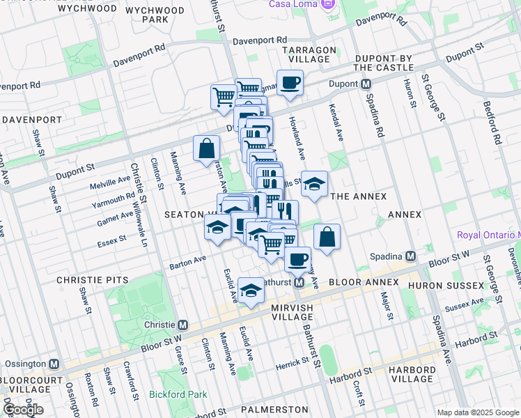 map of restaurants, bars, coffee shops, grocery stores, and more near 5 Follis Avenue in Toronto