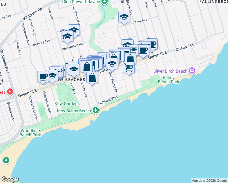 map of restaurants, bars, coffee shops, grocery stores, and more near 28 Glen Manor Drive in Toronto