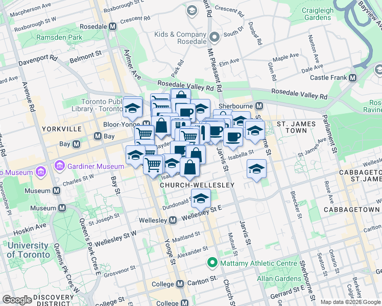 map of restaurants, bars, coffee shops, grocery stores, and more near 71 Charles Street East in Toronto