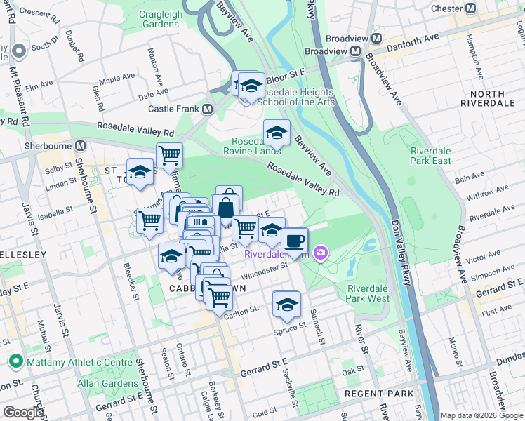 map of restaurants, bars, coffee shops, grocery stores, and more near 412 Wellesley Street East in Toronto