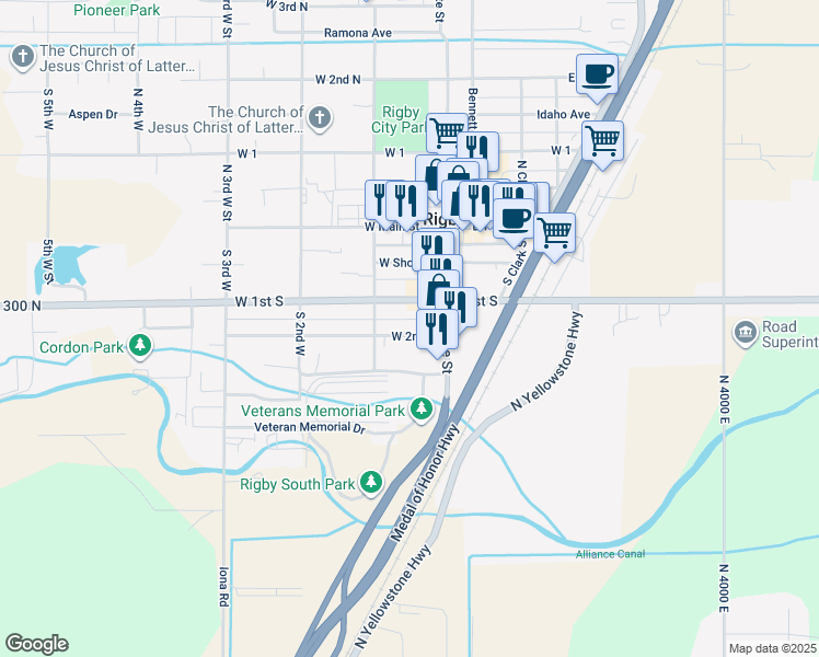 map of restaurants, bars, coffee shops, grocery stores, and more near 150 West 2nd South in Rigby