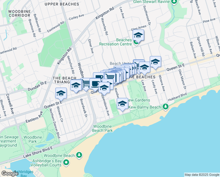 map of restaurants, bars, coffee shops, grocery stores, and more near 1961 Queen Street East in Toronto