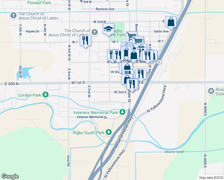 map of restaurants, bars, coffee shops, grocery stores, and more near 218 South 1st West in Rigby