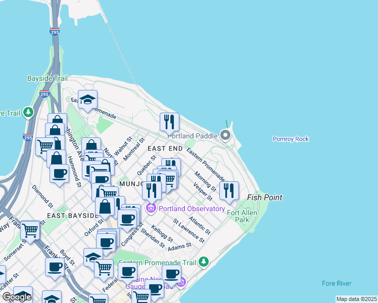 map of restaurants, bars, coffee shops, grocery stores, and more near 216 Eastern Promenade in Portland