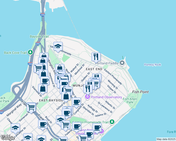 map of restaurants, bars, coffee shops, grocery stores, and more near 63 Emerson Street in Portland