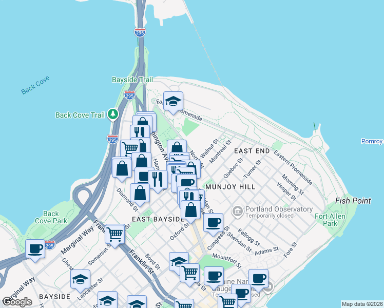 map of restaurants, bars, coffee shops, grocery stores, and more near 139 North Street in Portland