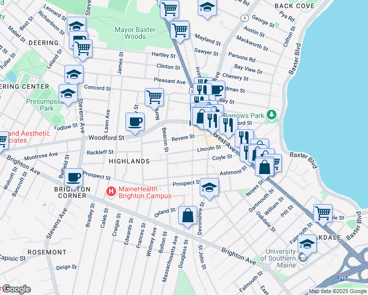 map of restaurants, bars, coffee shops, grocery stores, and more near 71 Lincoln Street in Portland
