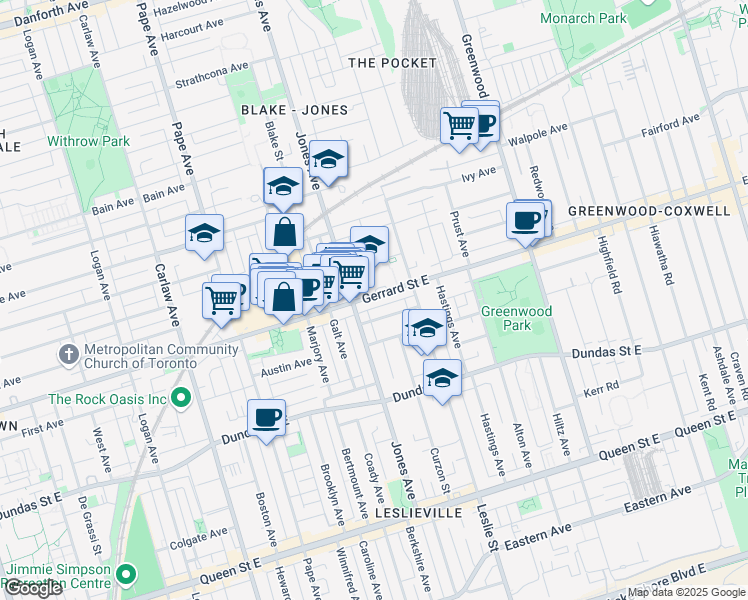 map of restaurants, bars, coffee shops, grocery stores, and more near in Toronto