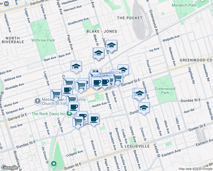 map of restaurants, bars, coffee shops, grocery stores, and more near in Toronto