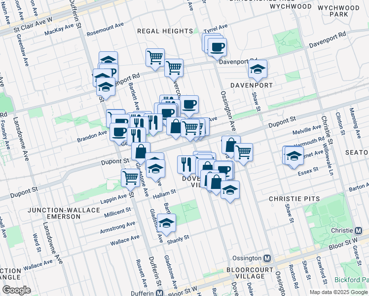 map of restaurants, bars, coffee shops, grocery stores, and more near in Toronto