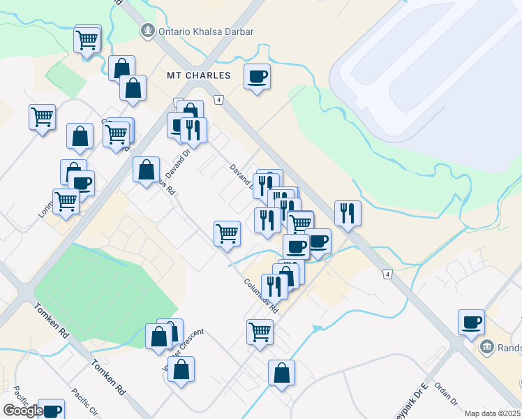 map of restaurants, bars, coffee shops, grocery stores, and more near 6790 Davand Drive in Mississauga