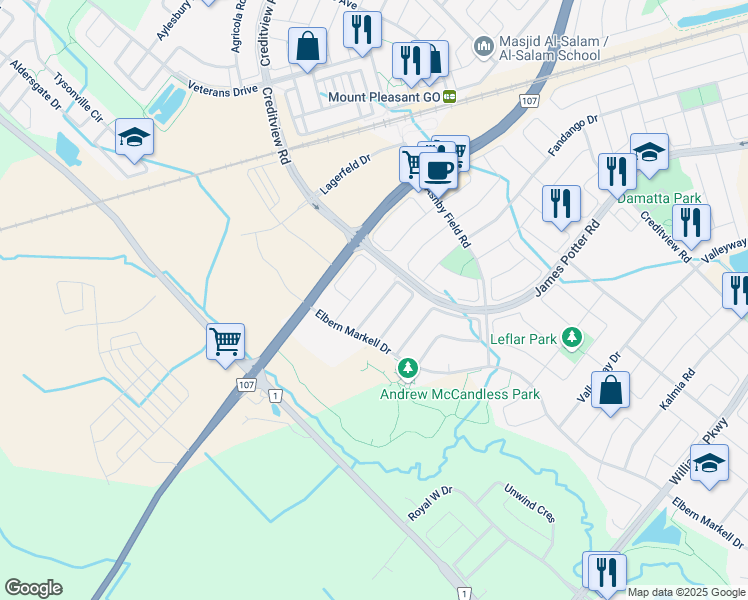 map of restaurants, bars, coffee shops, grocery stores, and more near in Brampton