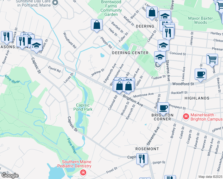 map of restaurants, bars, coffee shops, grocery stores, and more near 606 Brighton Avenue in Portland