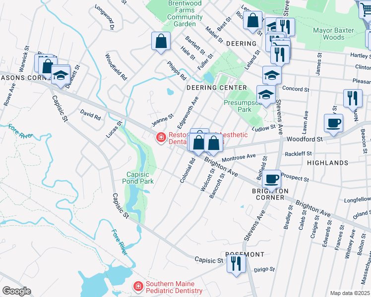 map of restaurants, bars, coffee shops, grocery stores, and more near Brighton Avenue in Portland