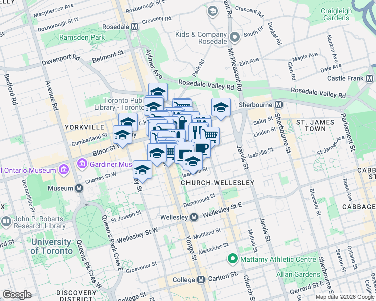 map of restaurants, bars, coffee shops, grocery stores, and more near 42 Charles Street East in Toronto