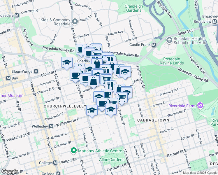 map of restaurants, bars, coffee shops, grocery stores, and more near 561 Sherbourne Street in Toronto