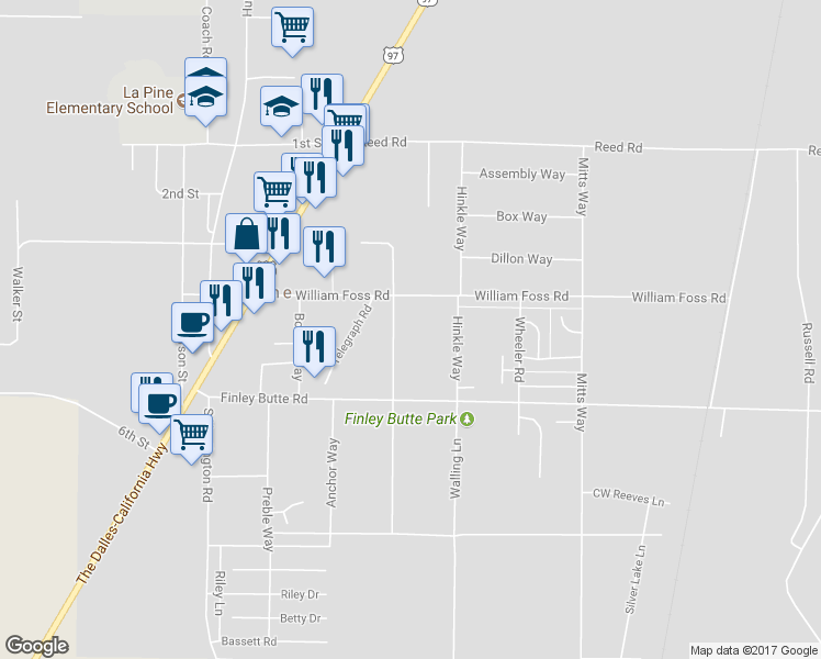 map of restaurants, bars, coffee shops, grocery stores, and more near 51456 Evans Way in La Pine