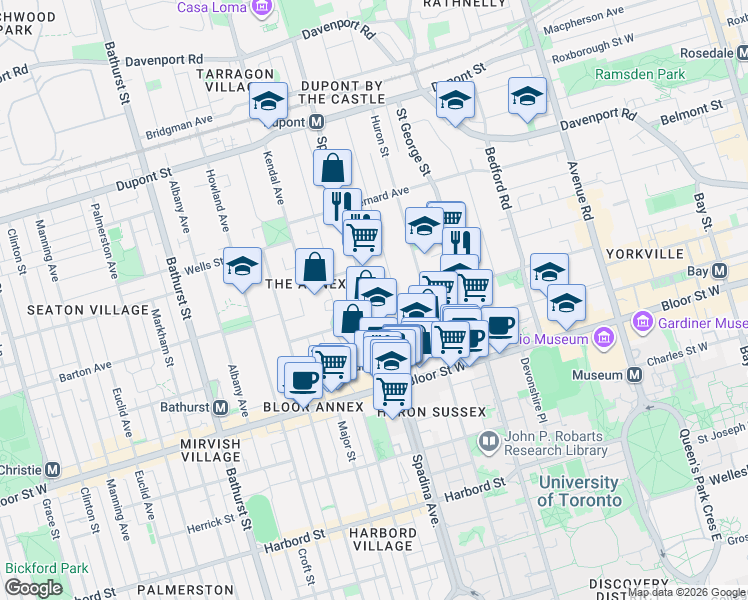 map of restaurants, bars, coffee shops, grocery stores, and more near 55 Spadina Road in Toronto