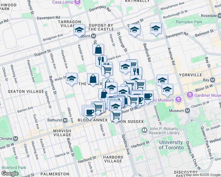 map of restaurants, bars, coffee shops, grocery stores, and more near 55 Spadina Road in Toronto