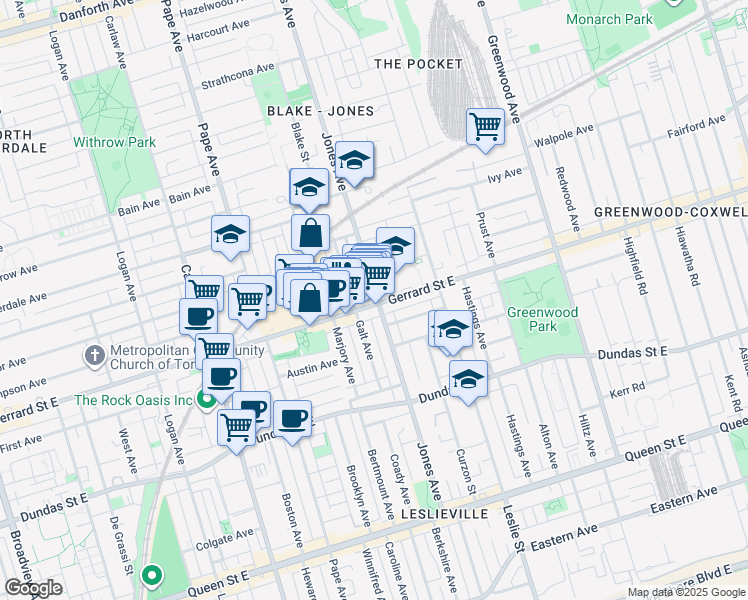 map of restaurants, bars, coffee shops, grocery stores, and more near 1062 Gerrard Street East in Toronto