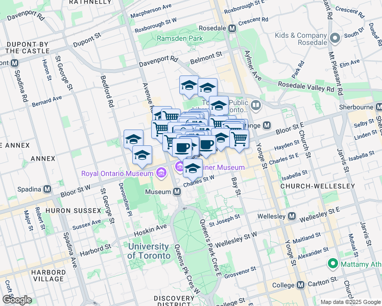 map of restaurants, bars, coffee shops, grocery stores, and more near 110 Bloor Street West in Toronto