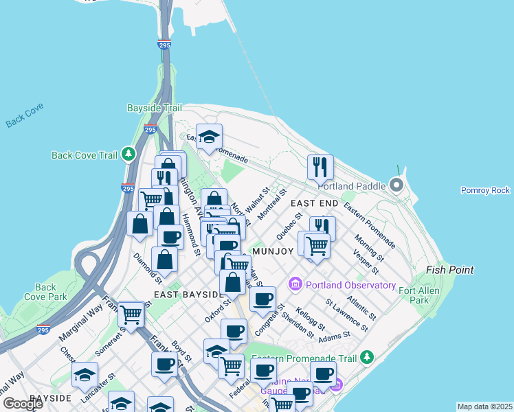 map of restaurants, bars, coffee shops, grocery stores, and more near 44 Walnut Street in Portland