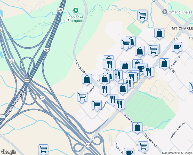 map of restaurants, bars, coffee shops, grocery stores, and more near 7175 Tomken Road in Mississauga