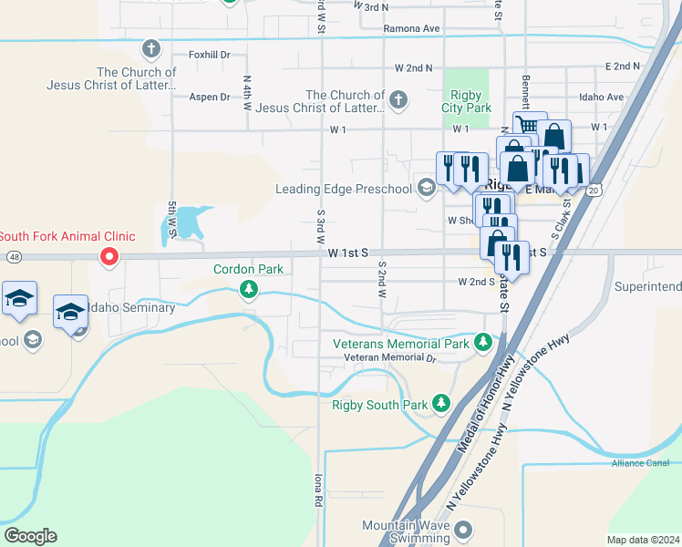 map of restaurants, bars, coffee shops, grocery stores, and more near 382 West 2nd South in Rigby