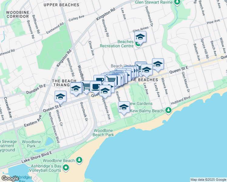 map of restaurants, bars, coffee shops, grocery stores, and more near 1961 Queen Street East in Toronto