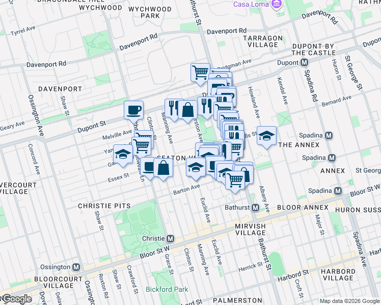 map of restaurants, bars, coffee shops, grocery stores, and more near in Toronto