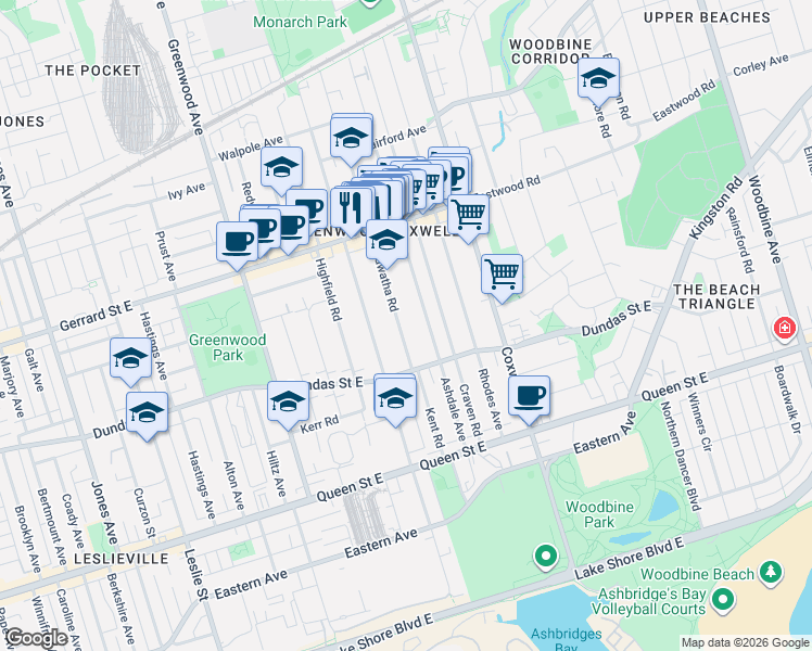 map of restaurants, bars, coffee shops, grocery stores, and more near 27 Hiawatha Road in Toronto